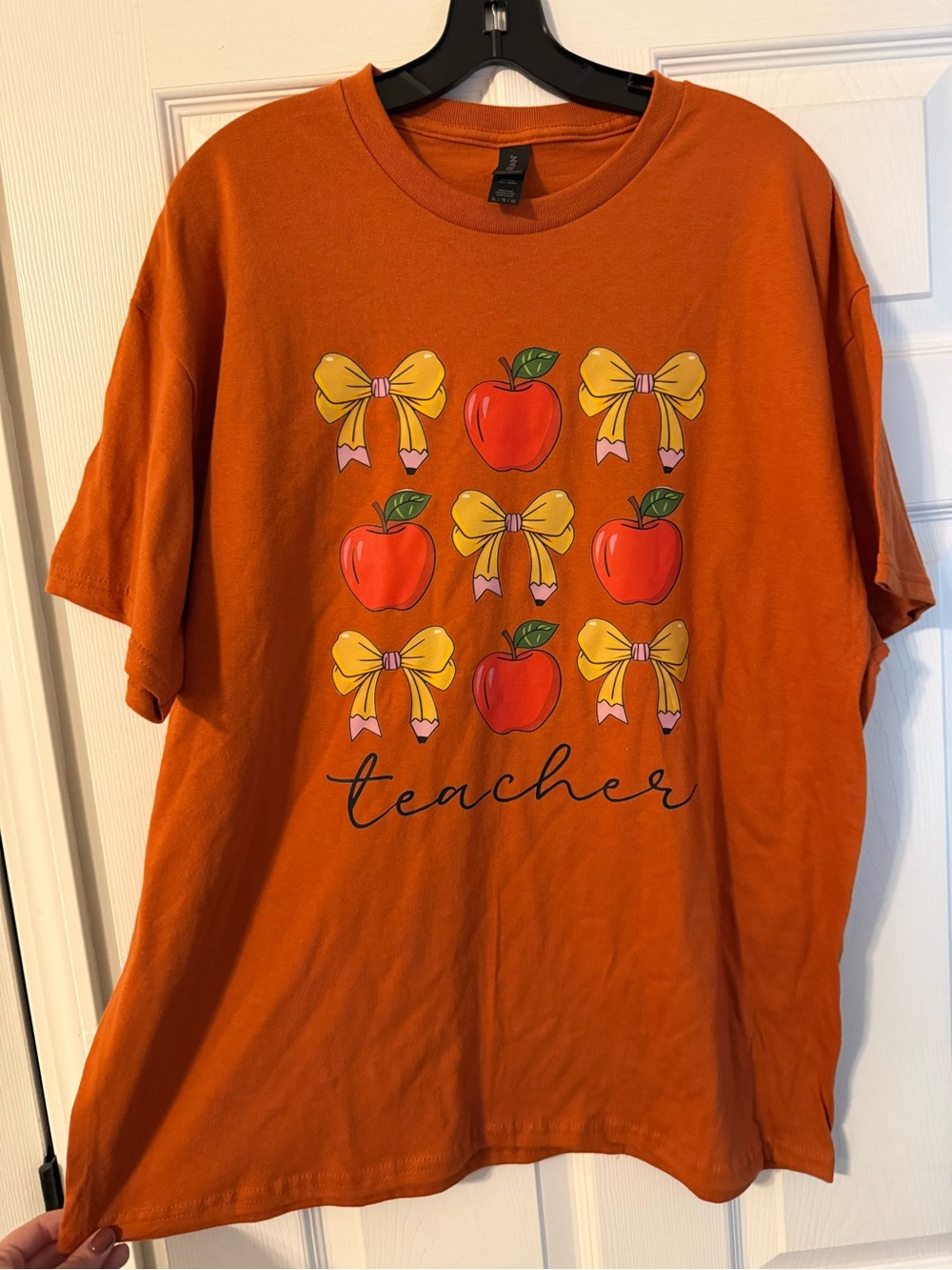 Gildan Orange Tee with Apple & Yellow Bow Teacher Graphic